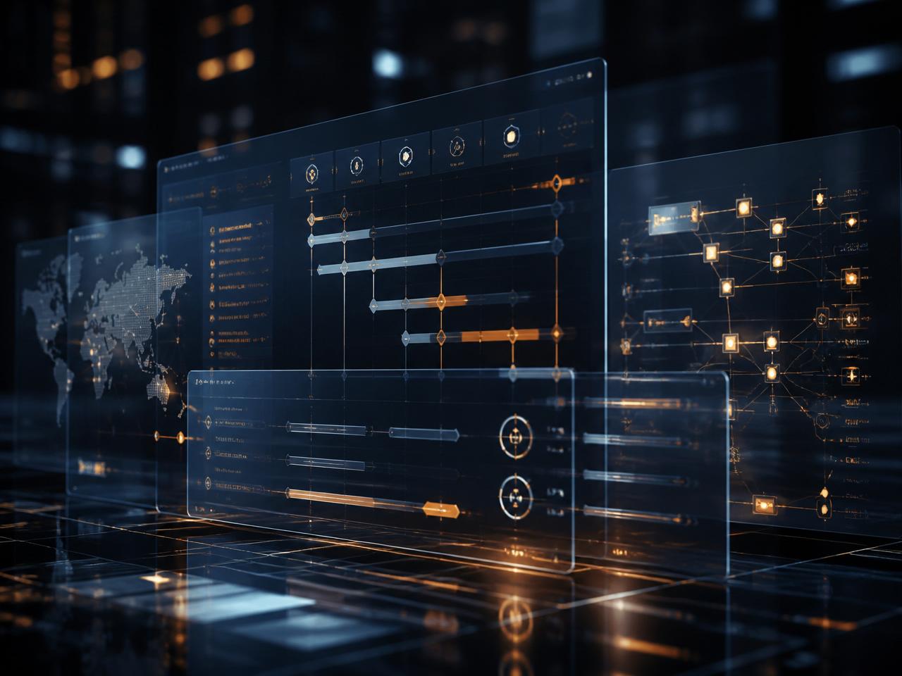 Abstraktes Delivery- und Change-Enablement-Visual mit Programmsteuerungs-Panels