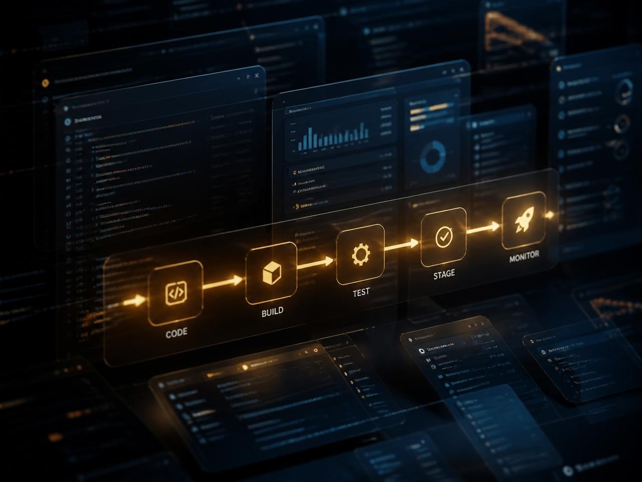 Abstraktes Software- und Product-Engineering-Visual mit UI-Panels und Delivery-Pipeline