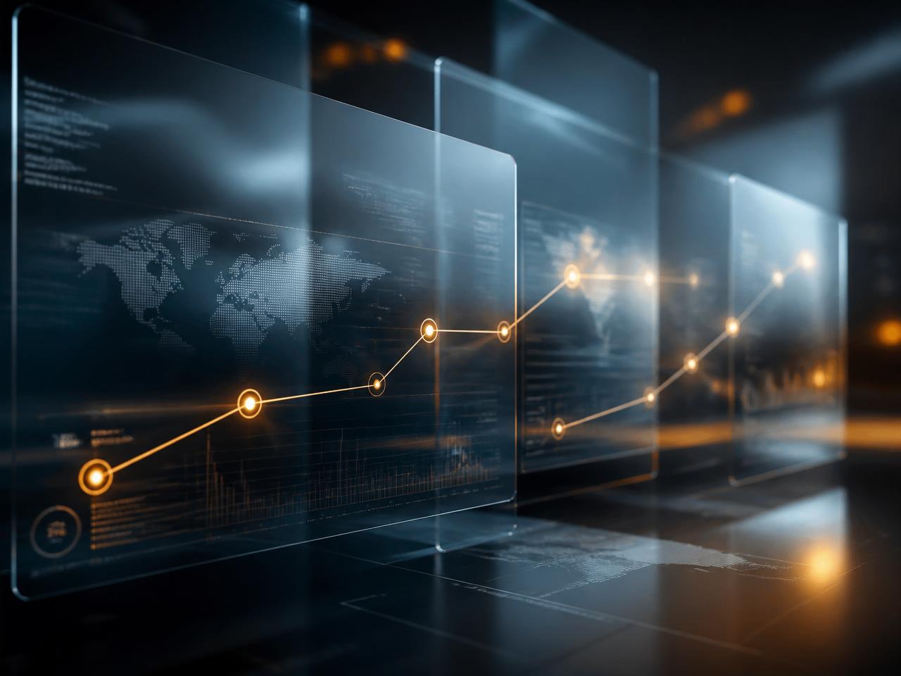 Abstraktes, cinematisches Enterprise-Tech-Visual für IT-Strategie & Transformation